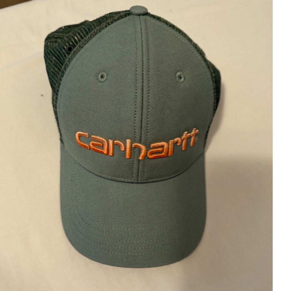 Carhartt Mens Sage Green Mesh Back Trucker Hat Orange Embroidered Snapback Cap